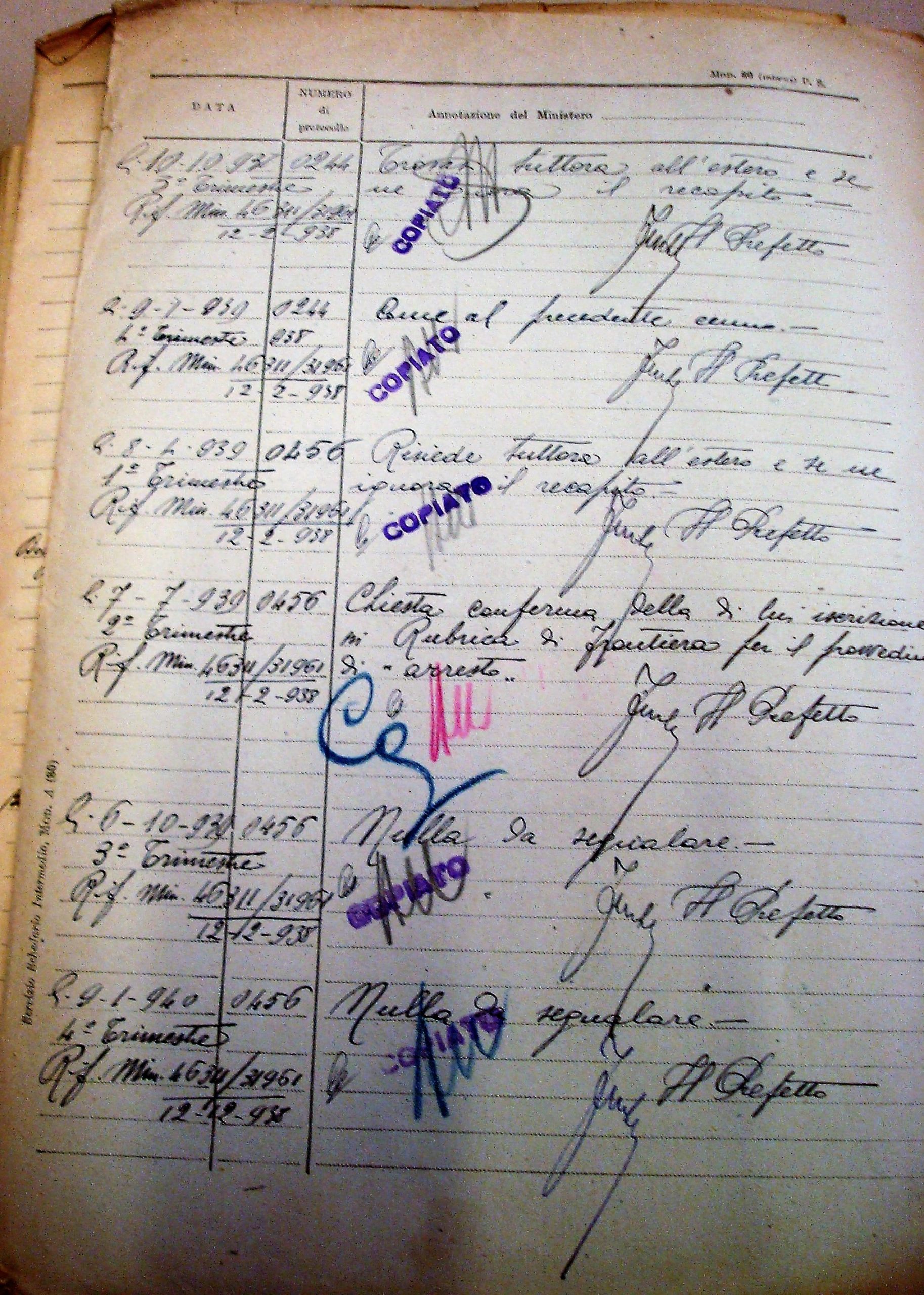Le segnalazioni cronologiche tra il '37 e il '40 nel fascicolo personale di Agostino Pietrobuoni. Archivio di Stato di Bologna.
