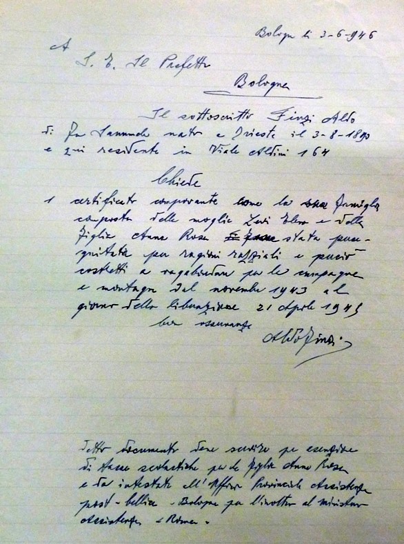 La richiesta di attestazione della condizione di "perseguitati" dei Finzi, che dichirano di essere vissuti alla macchia durante le persecuzioni. Archivio di Stato di Bologna.