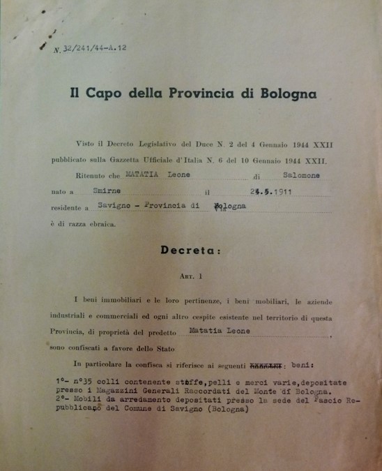 La confisca dei beni dei Matatia d parte della Repubblica Sociale Italiana. Archivio di Stato di Bologna.