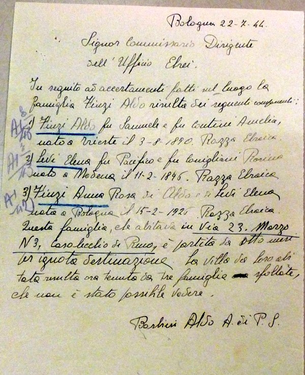 La dichiarazione di irreperibilità per la famiglia Finzi-Levi, redatta a mano dall'Agente di Pubblica Sicurezza incaricato.Archivio di Stato di Bologna.