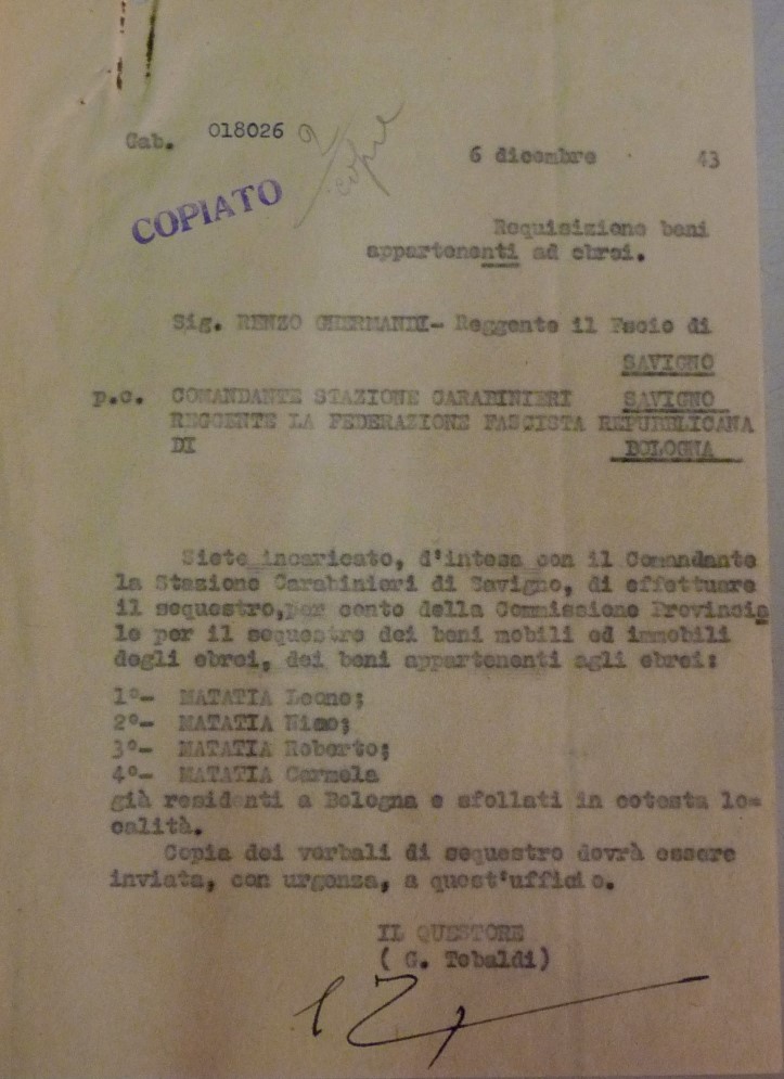 Il sequestro dei beni dei Matatia a Savigno. Archivio di Stato di Bologna.