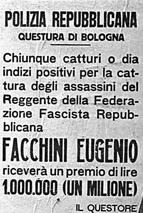 Il manifesto con la taglia per gli attentatori di Facchini-Istituto Parri.