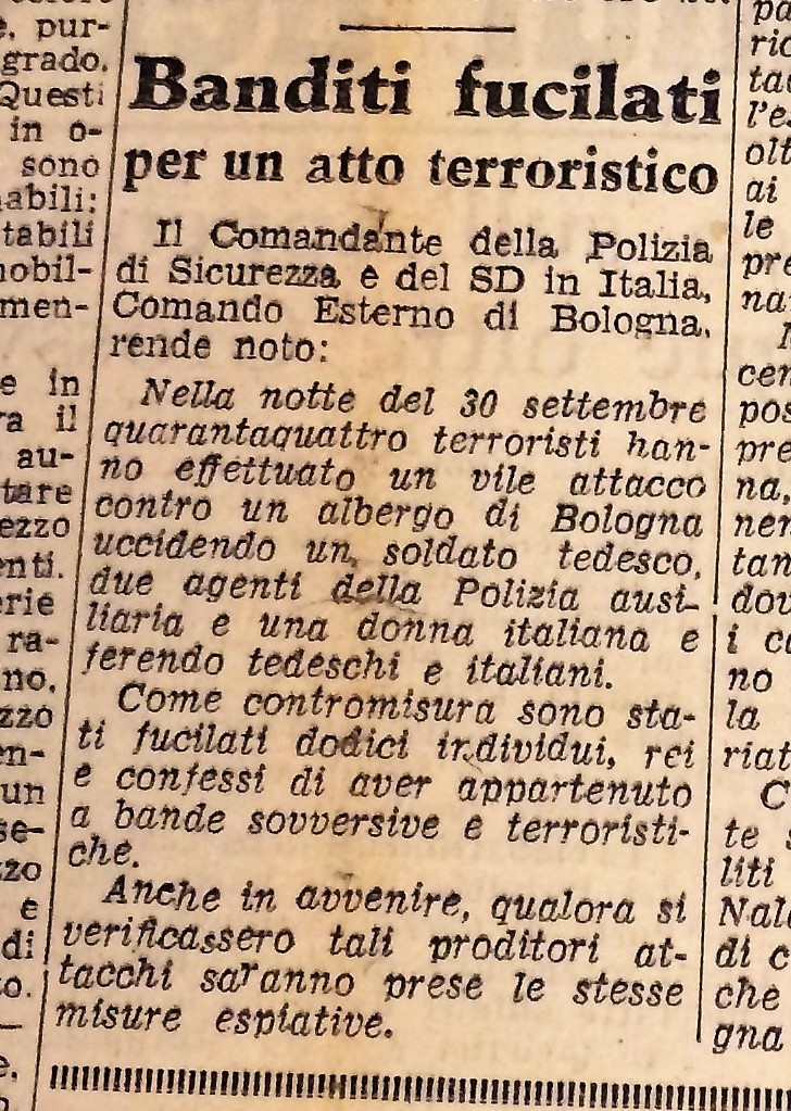 L'articolo pubblicato sul Carlino del 3 ottobre 1944 sulla rappresaglia per il primo attentato all'Hotel Baglioni.