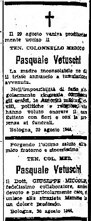 I necrologi della madre e di un caro amico del Ten. Col. Pasquale Vetuschi, pubblicati sul "Carlino".