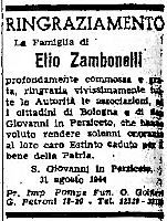 Il ringraziamento della famiglia Zambonelli, sul Carlino del 1° settembre 1944.