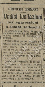 La notizia della fucilazione del 20 settembre 1944 su "L'Avvenire" del 22-9-'44 con il comunicato della Militarkommandatur, identico a quello pubblicato sul "Carlino" (vedi ). 