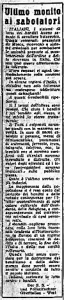 Articolo del "Carlino" di domenica 17 settembre 1944 con "L'ultimo monito ai sabotatori" dei Tedeschi.